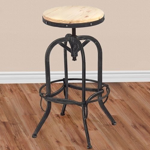 Vintage Bar Stool Industrial Metal Design Wood Top Adjustable Height Swivel