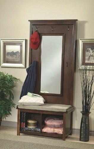 Walnut Finish Hall Tree Coat Hanger with Storage Bench
