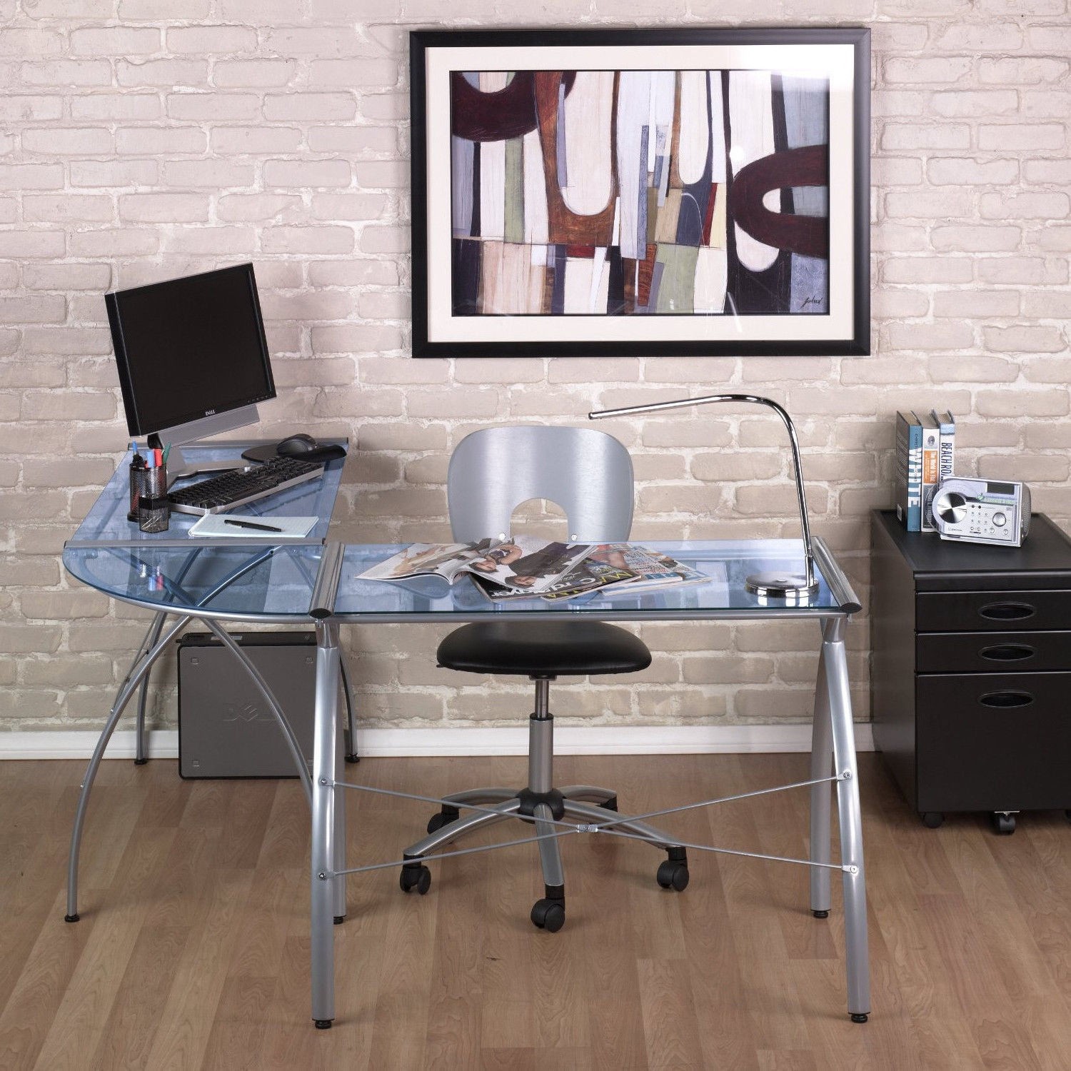 Calico Designs 50300 Jameson L-Shaped Computer Work Center with Clear Glass, Silver