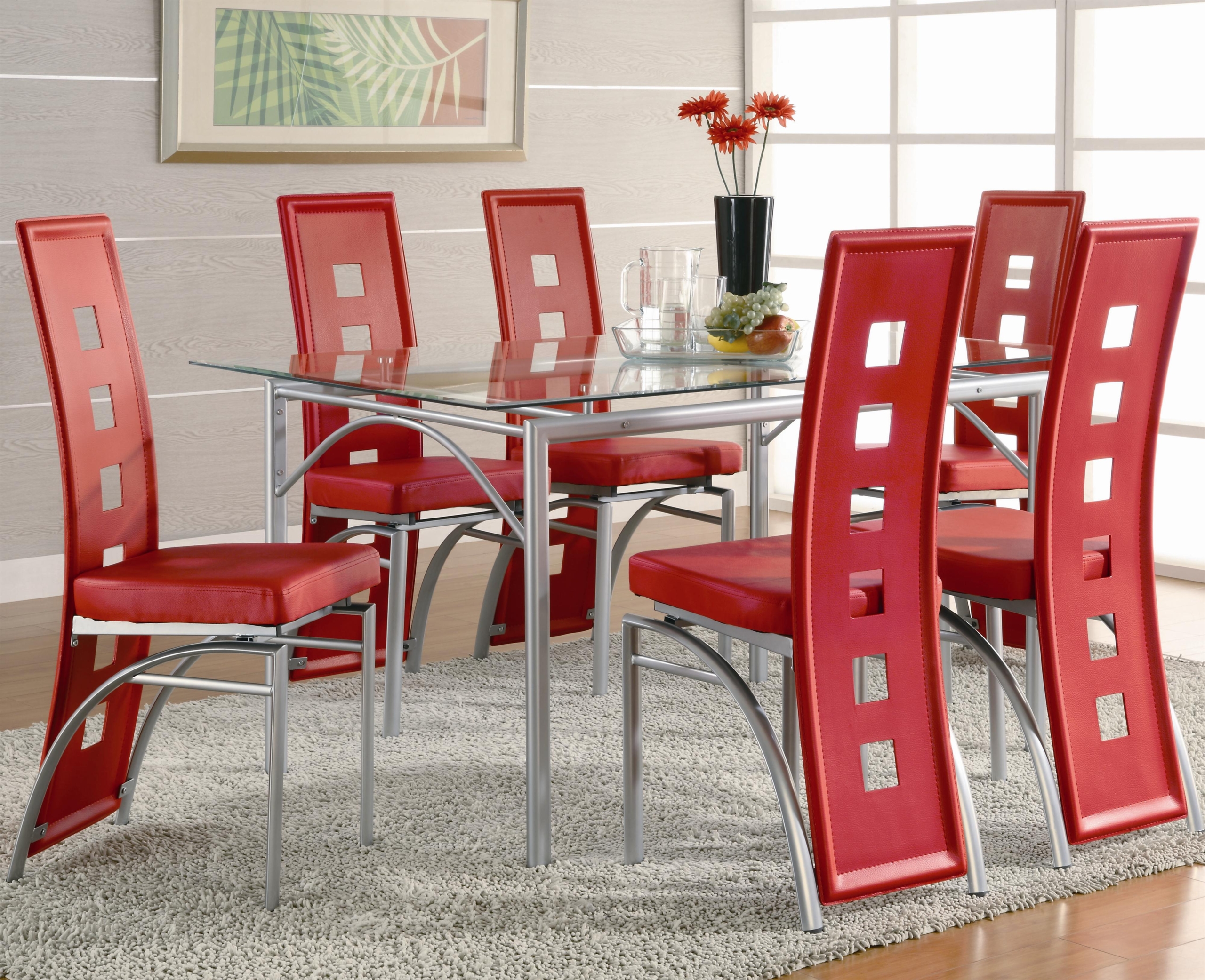 Coaster Set of 2 Dining Chairs Red Leather Like Metal Legs Matte Silver Finish