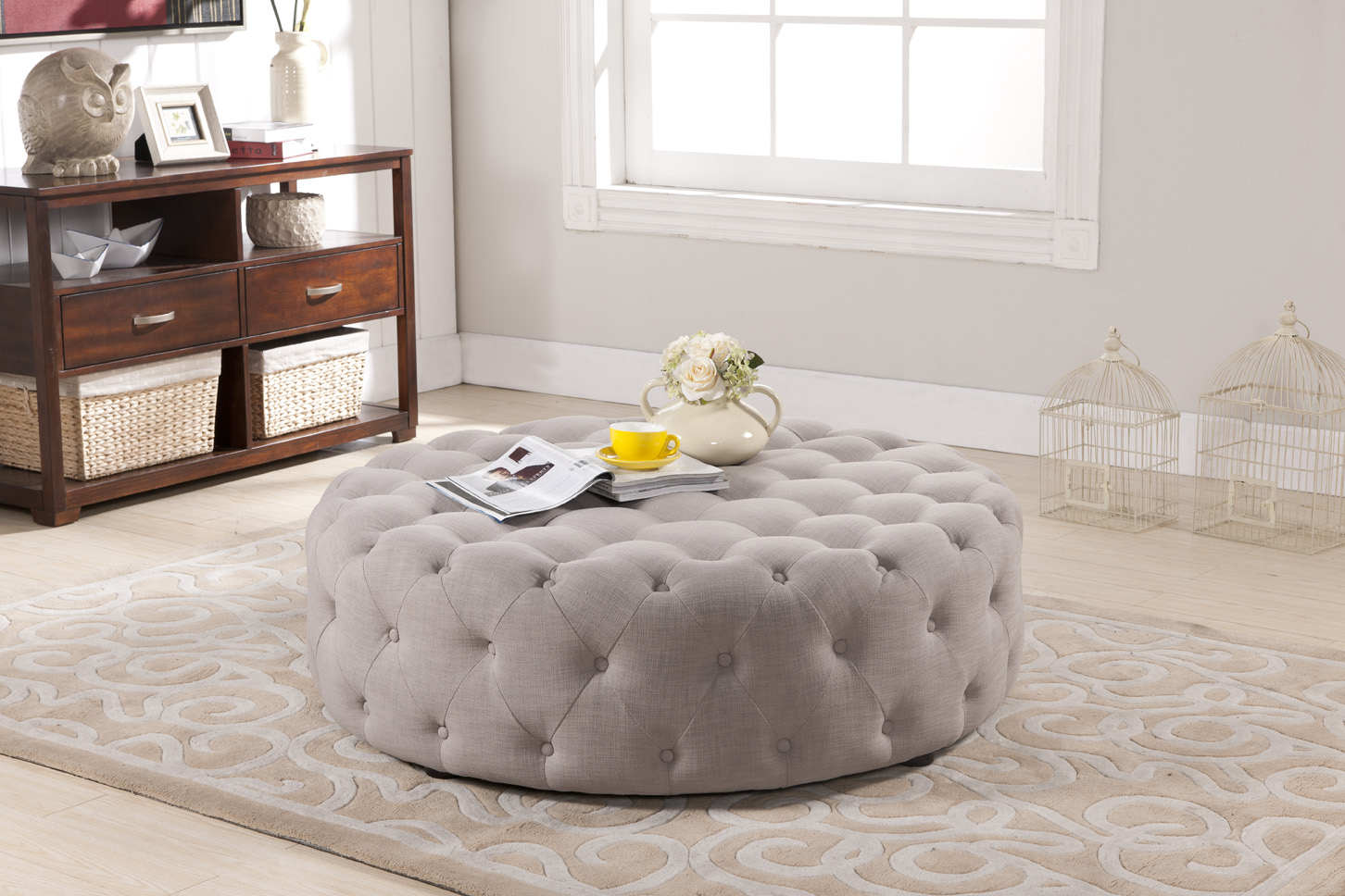 Baxton Studio Cardiff Linen Modern Tufted Ottoman, Beige