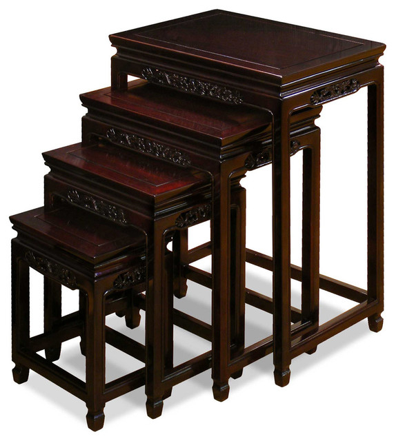 Rosewood Flower & Bird Design Nesting Tables - Dark Cherry