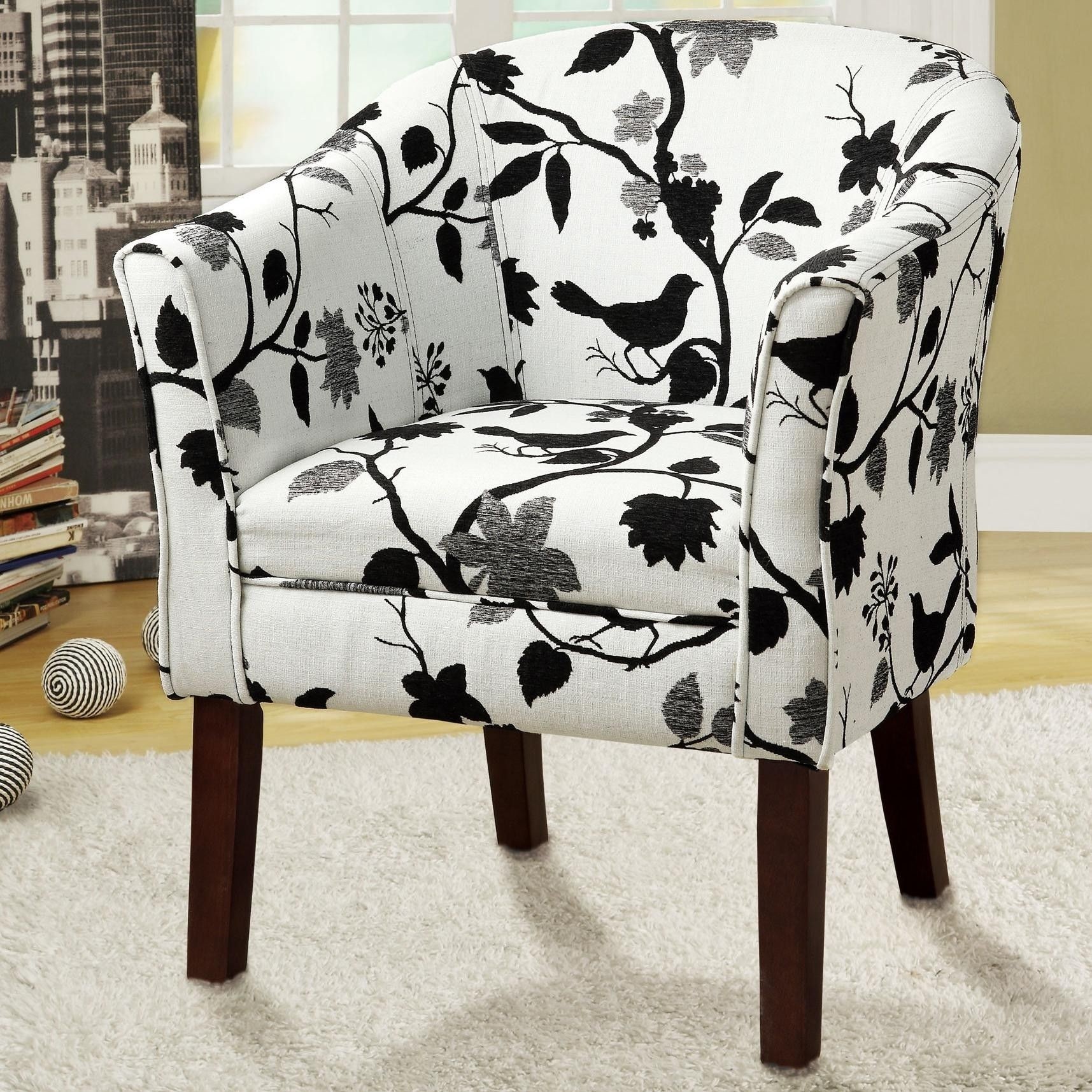 Coaster Home Furnishings 460406 Bird Pattern Fabric Accent Barrel Chair, Black and White