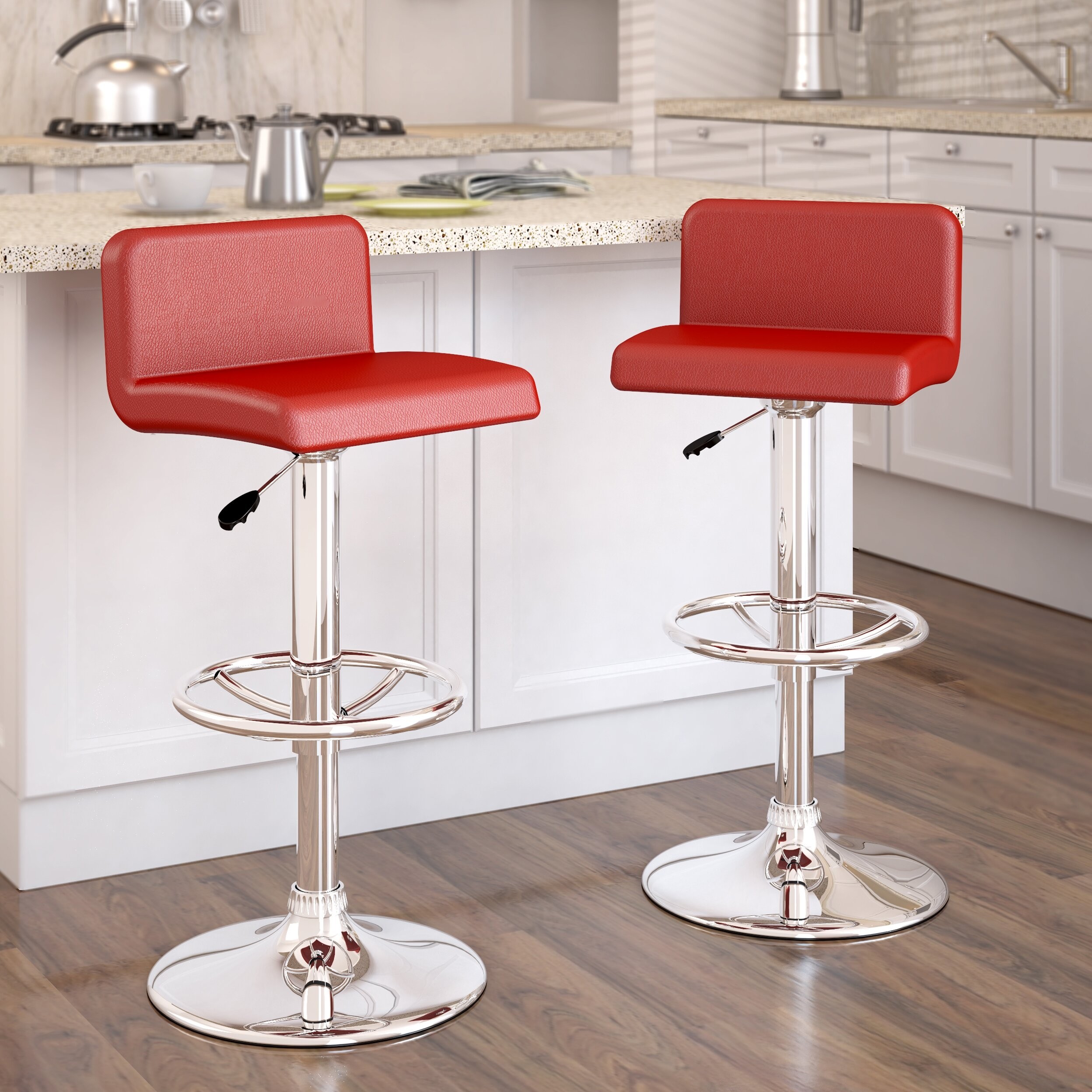 CorLiving B-357-UPD Low Back Adjustable Bar Stool, Red Leatherette, Set of 2