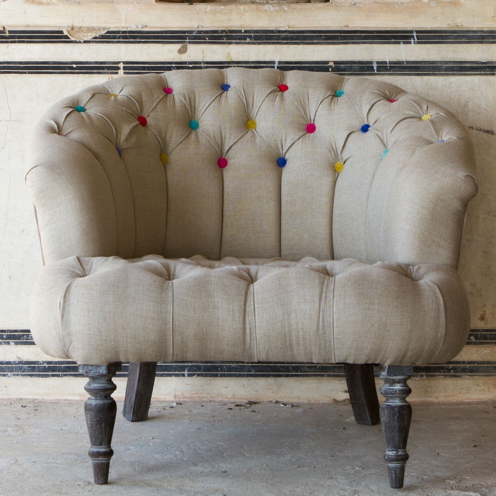 Linen buttonback round chair natural multicolour buttons