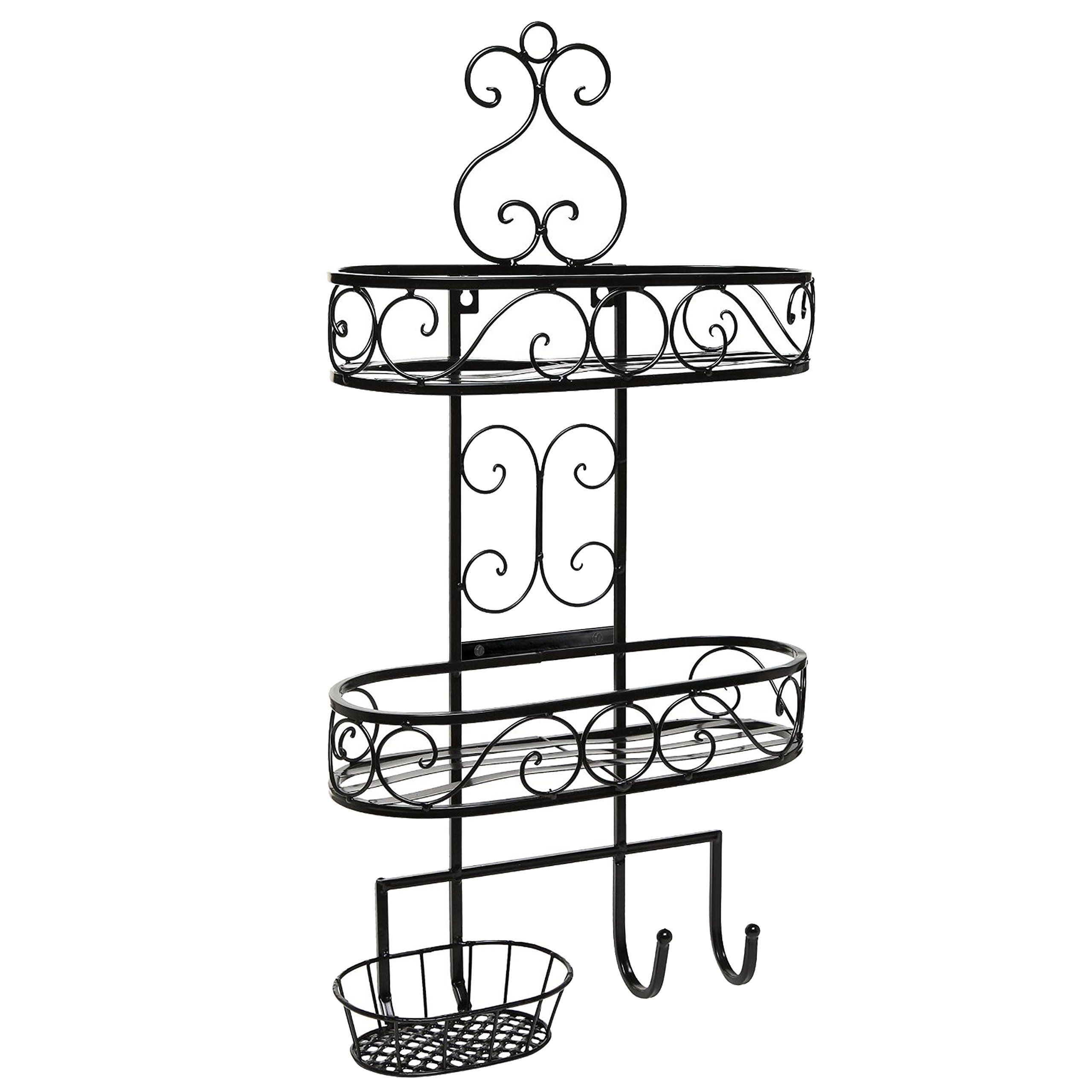 Beautiful 3-Tier Wall Mounted Black Metal Bathroom Organizer / Storage Rack w/ Towel Hooks - MyGift