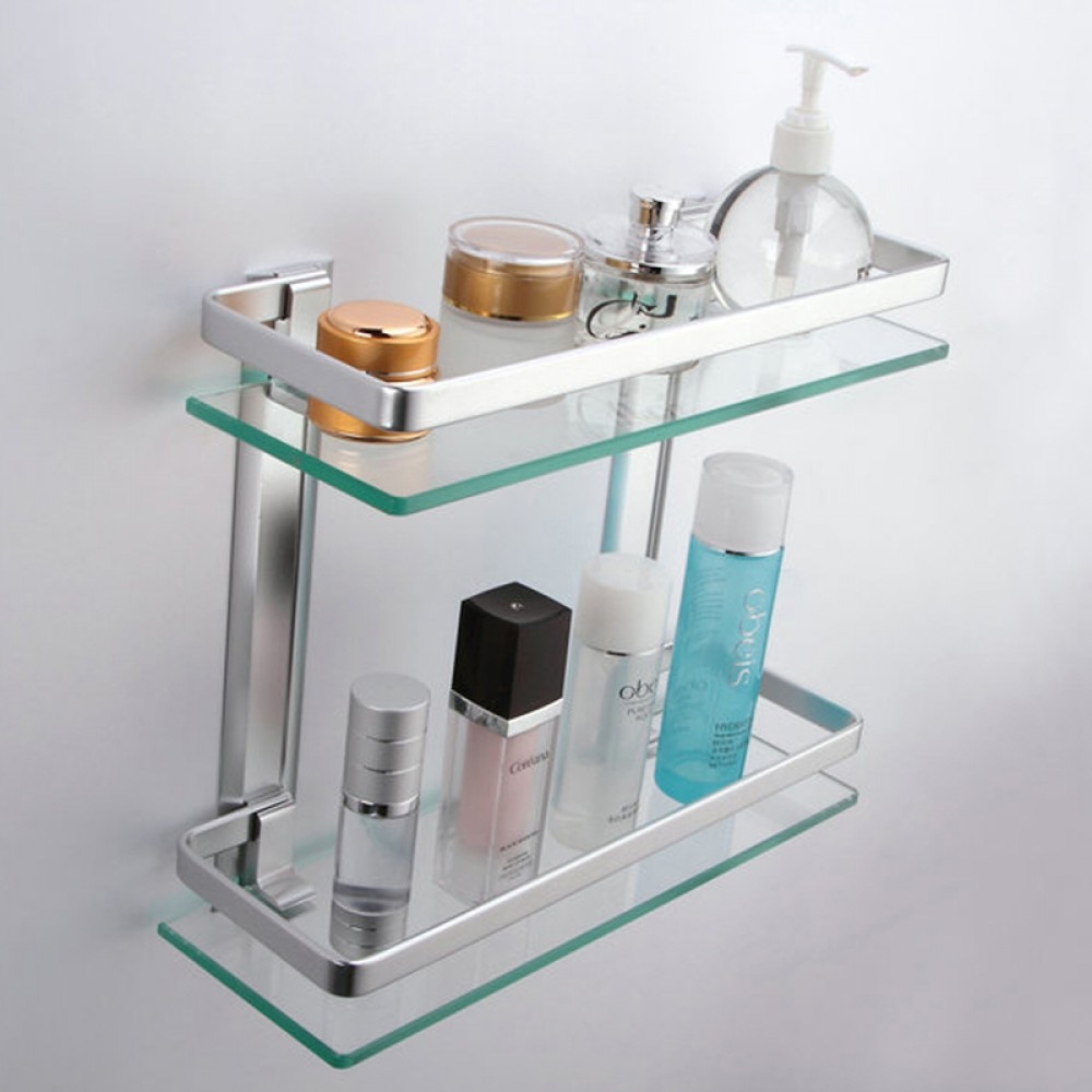 KES A4126 Aluminum Bathroom 2-Tier Retangular Glass Shelf Wall Mounted, Silver Sand Sprayed