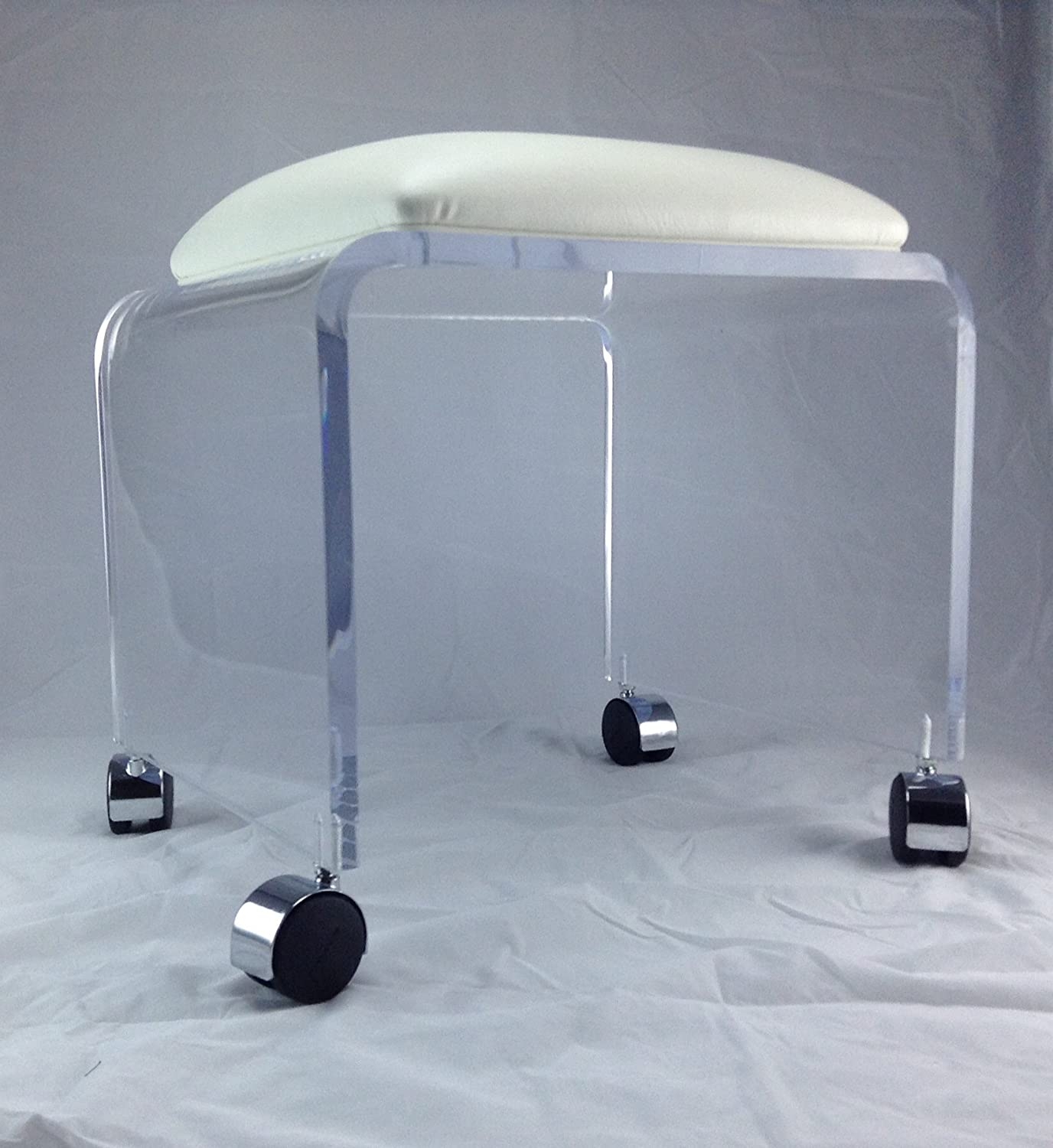 Clear Acrylic Vanity Bench with White Vinyl Cushion and Chrome Casters