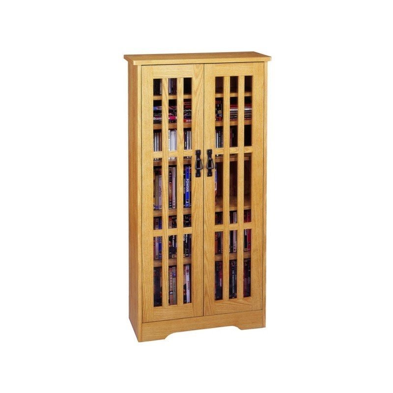 Leslie Dame M-371 High-Capacity Inlaid Glass Mission Style Multimedia Storage Cabinet, Oak