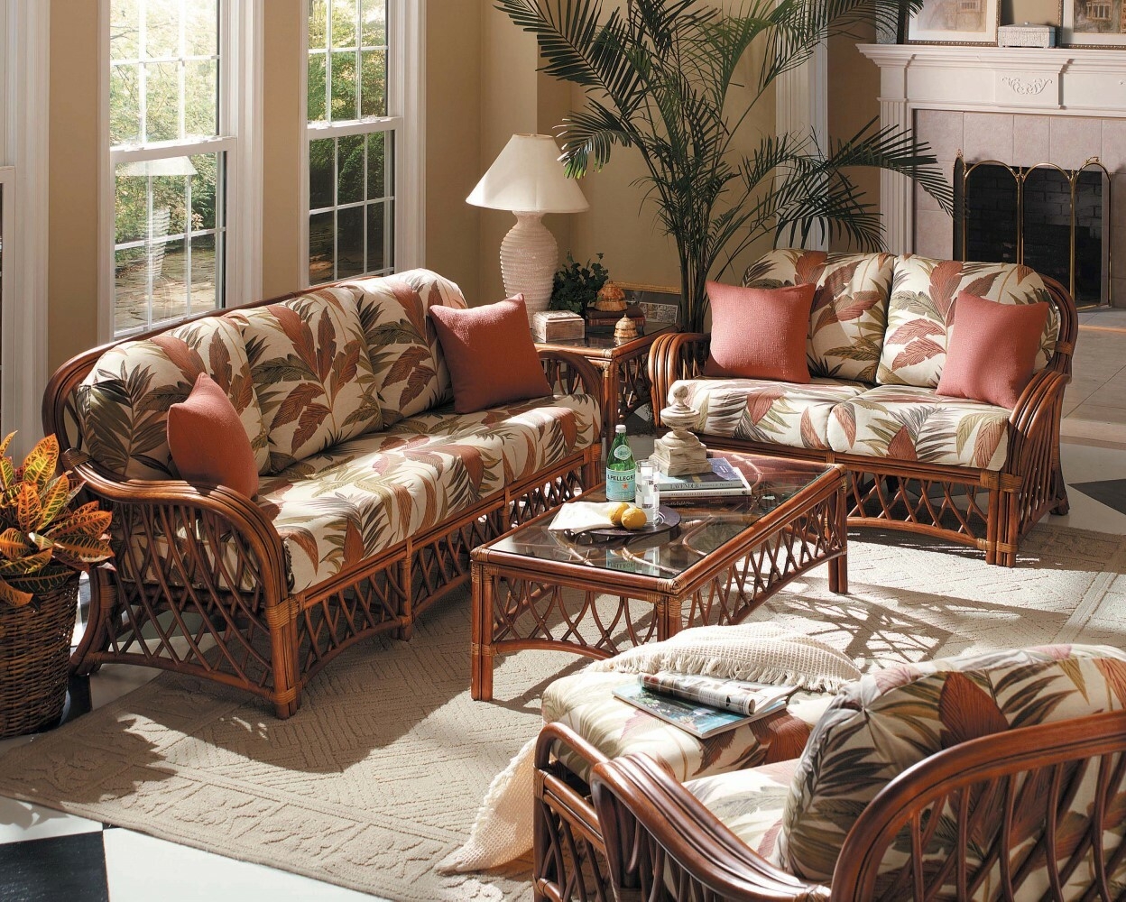 Antigua-Wicker Rattan 5 Pc. Indoor Living Room or Sunroom Seating Group,Color|Walnut,Size|83 x 34 x 35,Pattern|Beige