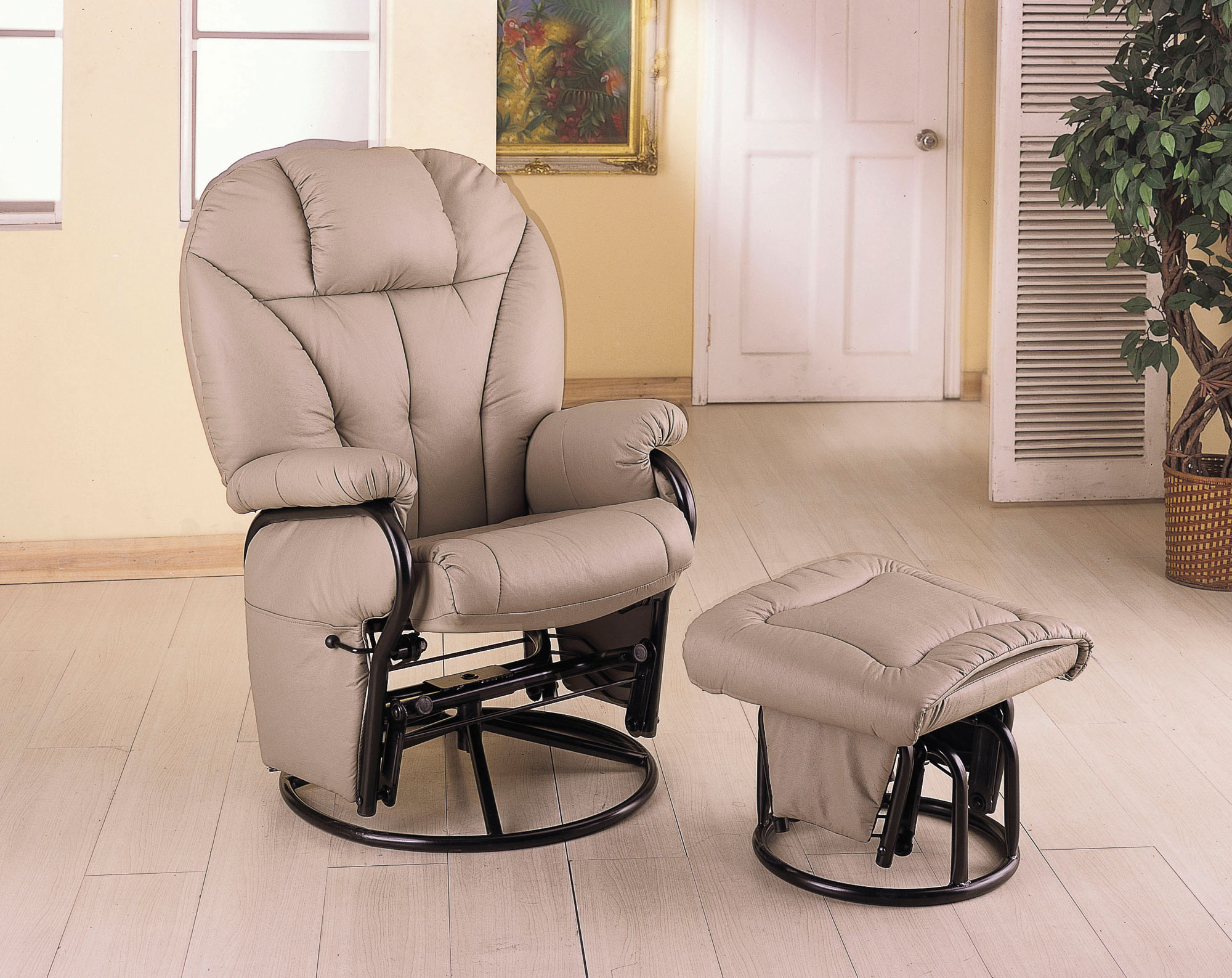 Bone Leatherette Glider Rocker Recliner Chair with Ottoman