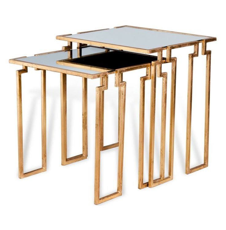 Hollywood Regency Antique Gold Leaf Mirror Nesting Side Tables