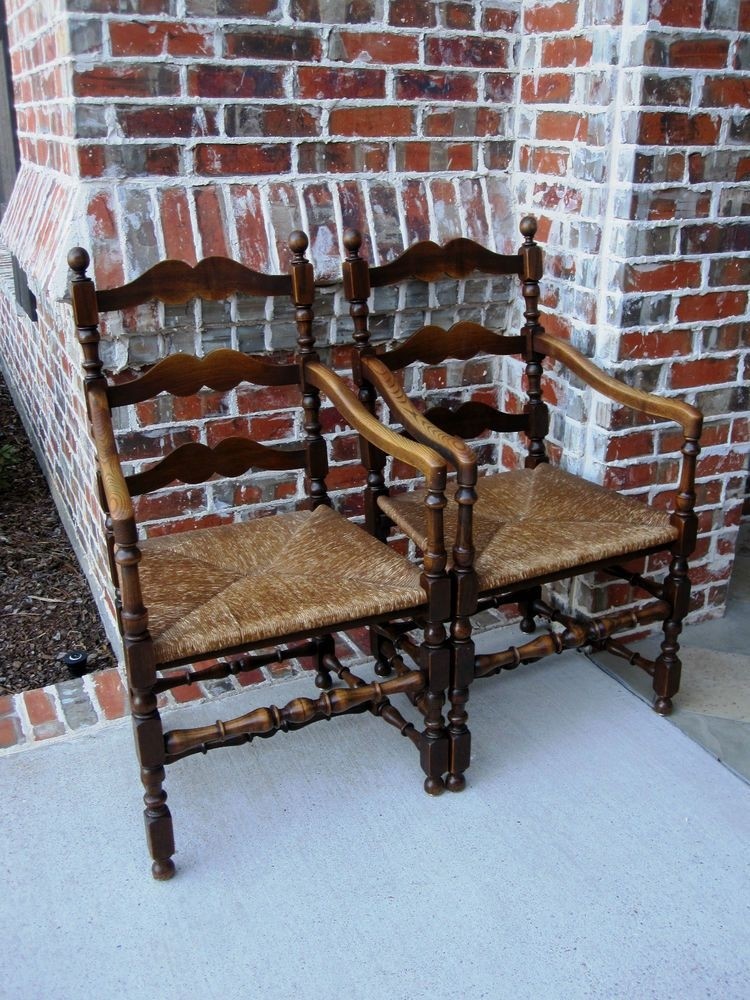 Antique French Pair 2 Oak Farmhouse Arm Dining Chairs Ladder Back Rush Seats