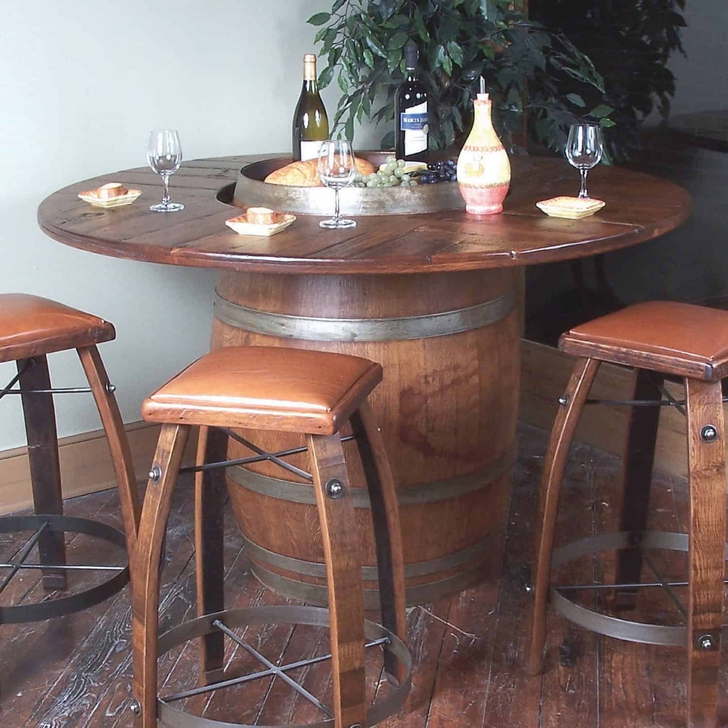 Rustic Oak Barrel Pub Table with Leather Stools