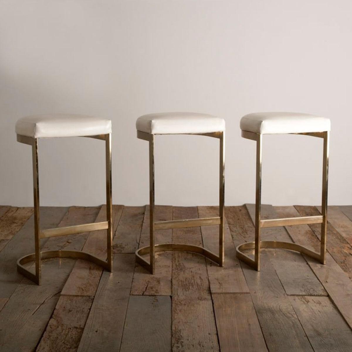 Set Of Three Cantilvered Brass Framed Barstools 1970s