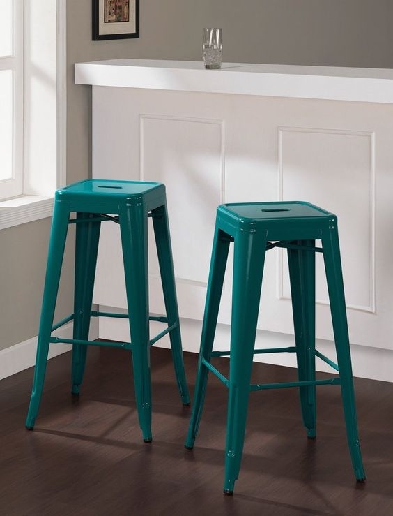 Set of 2 Turquoise Tolix Style Metal Bar Stools in Glossy Powder Coated Finish