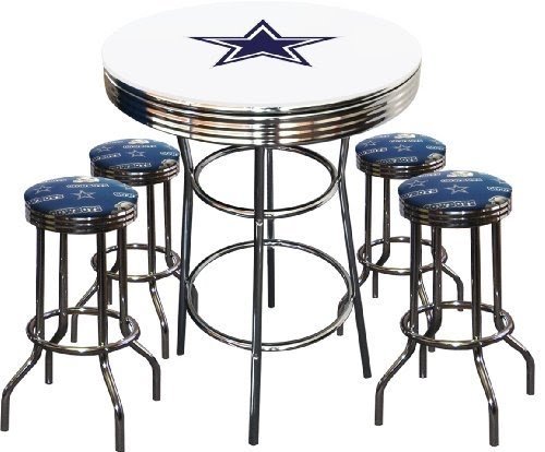 5 Piece Dallas Cowboys Logo Chrome Finish White Pub Table w/ 4 Bar Stools
