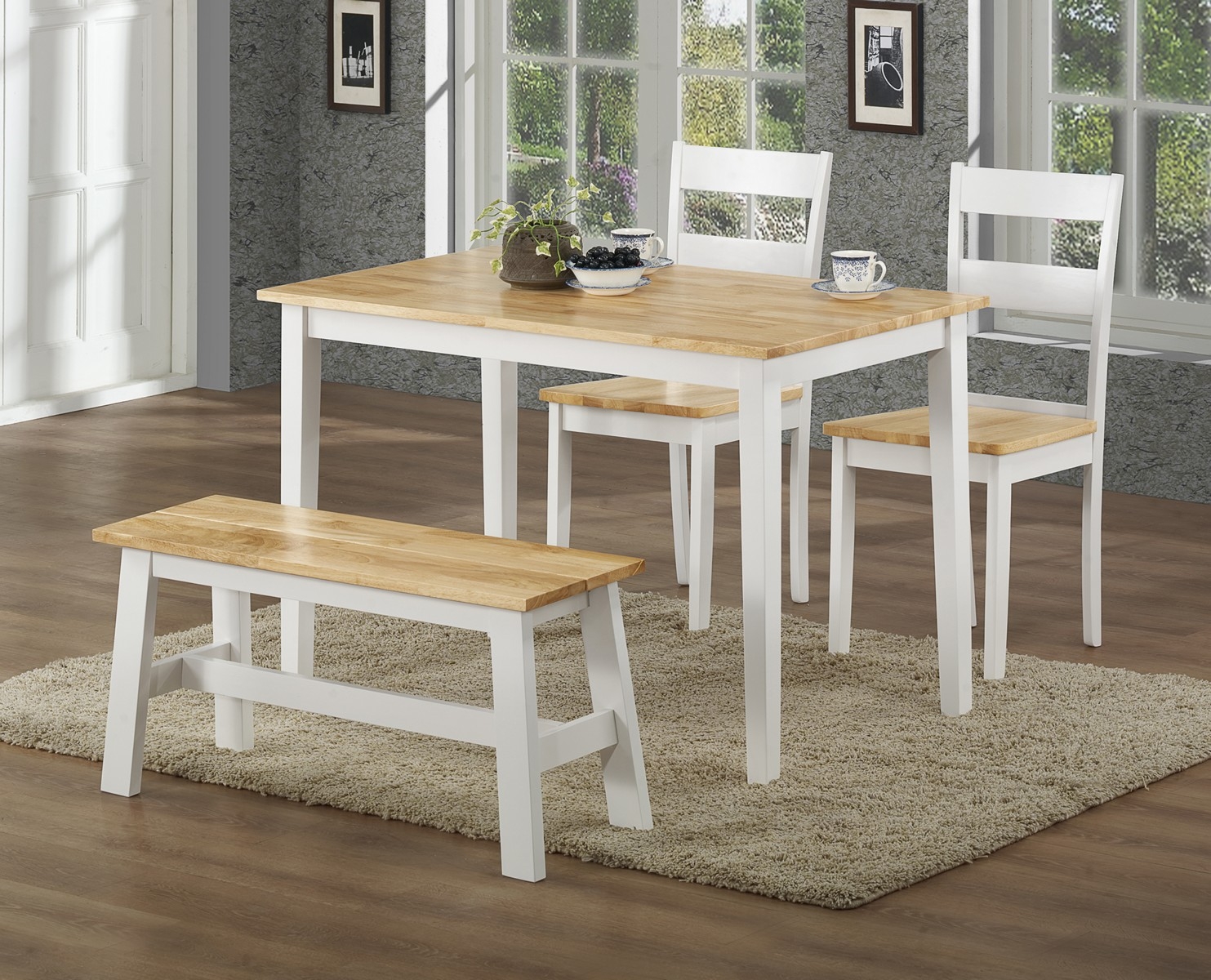 Kings Brand Natural / White Finish Wood Dinette Set, Table, 2 Chairs & Bench