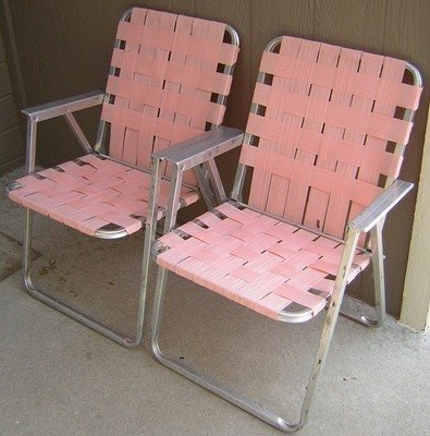 Vintage Aluminum Folding 2 Pink Lawn Chairs Webbing Patio Camping Matching Pair