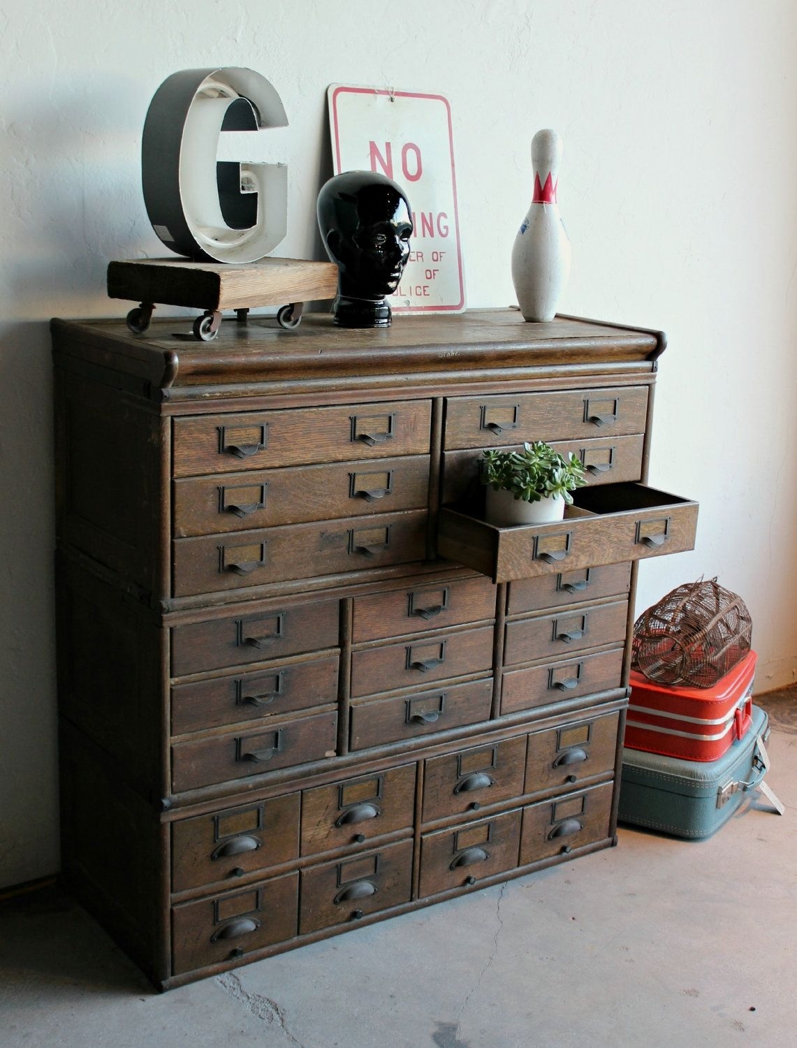 Amazing antique industrial wood 23 drawer library card catalog cabinet