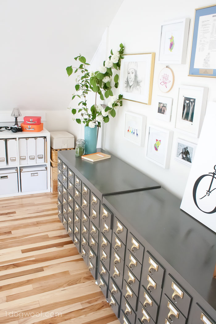Gray catalog in a white craft room