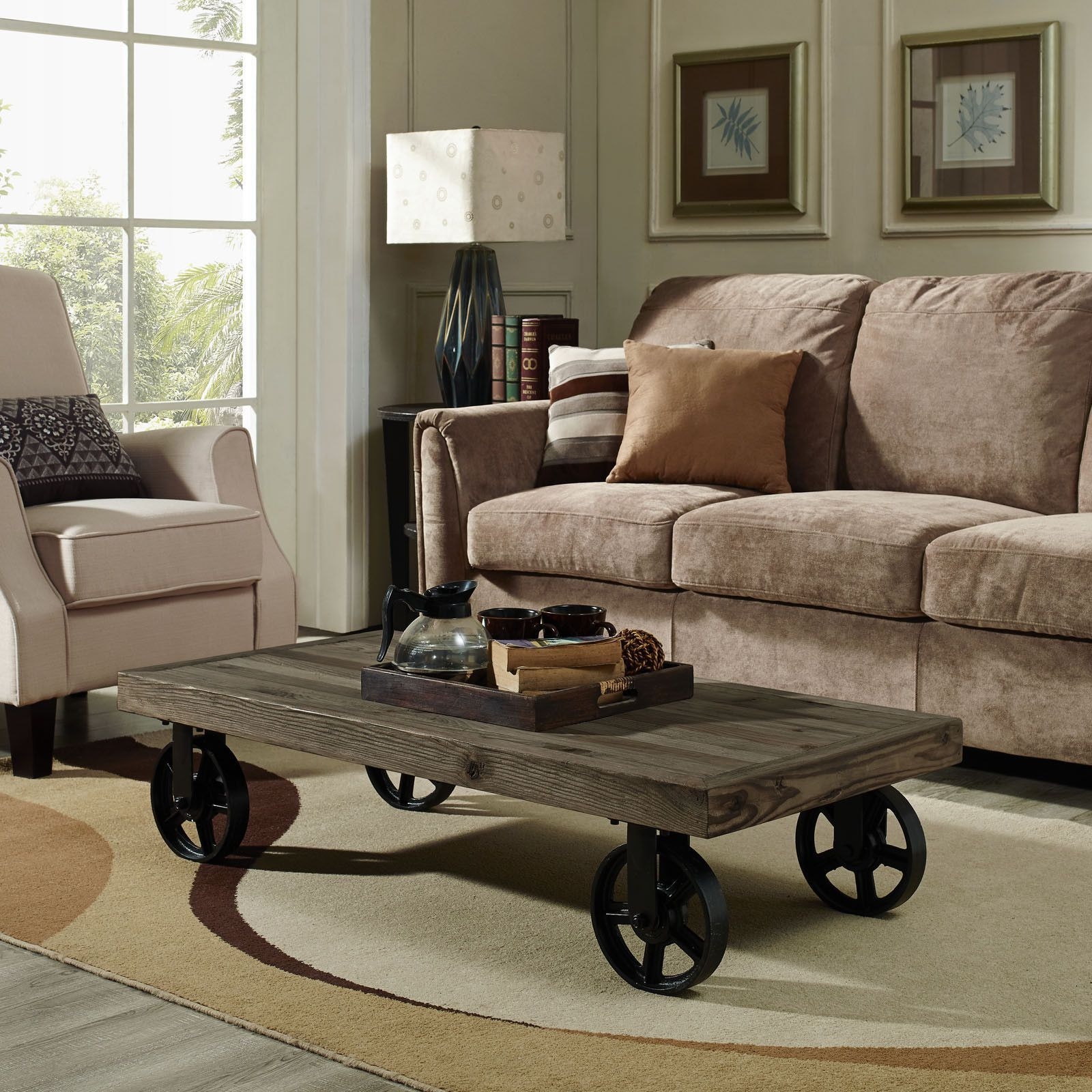 Industrial Wood Coffee Table with Casters
