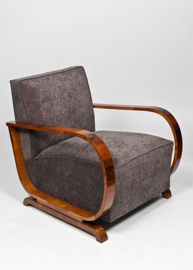Austrian art deco period burled walnut armchairs