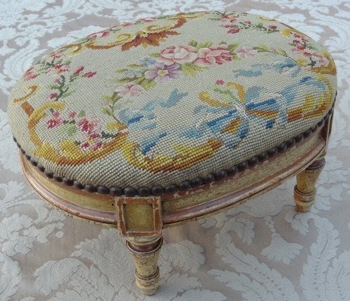 Antique french louis xvi style needlepoint upholstered painted oval footstool