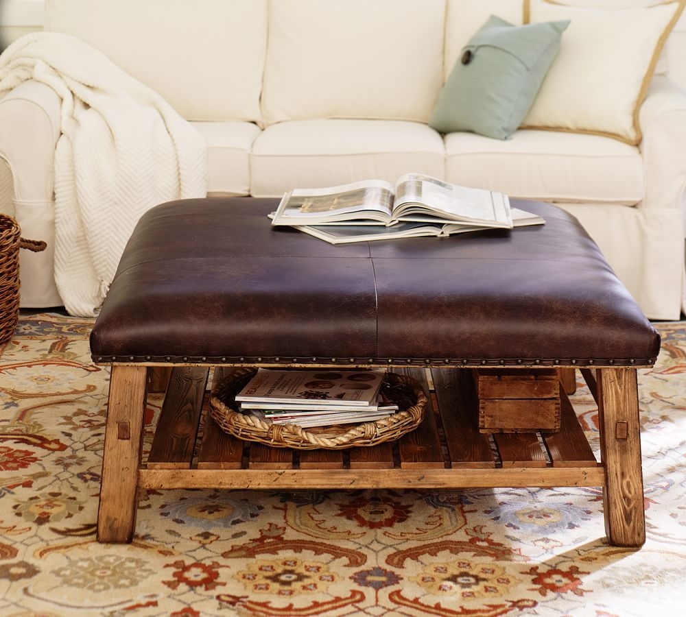 Caden Upholstered Leather Nailhead Square Ottoman