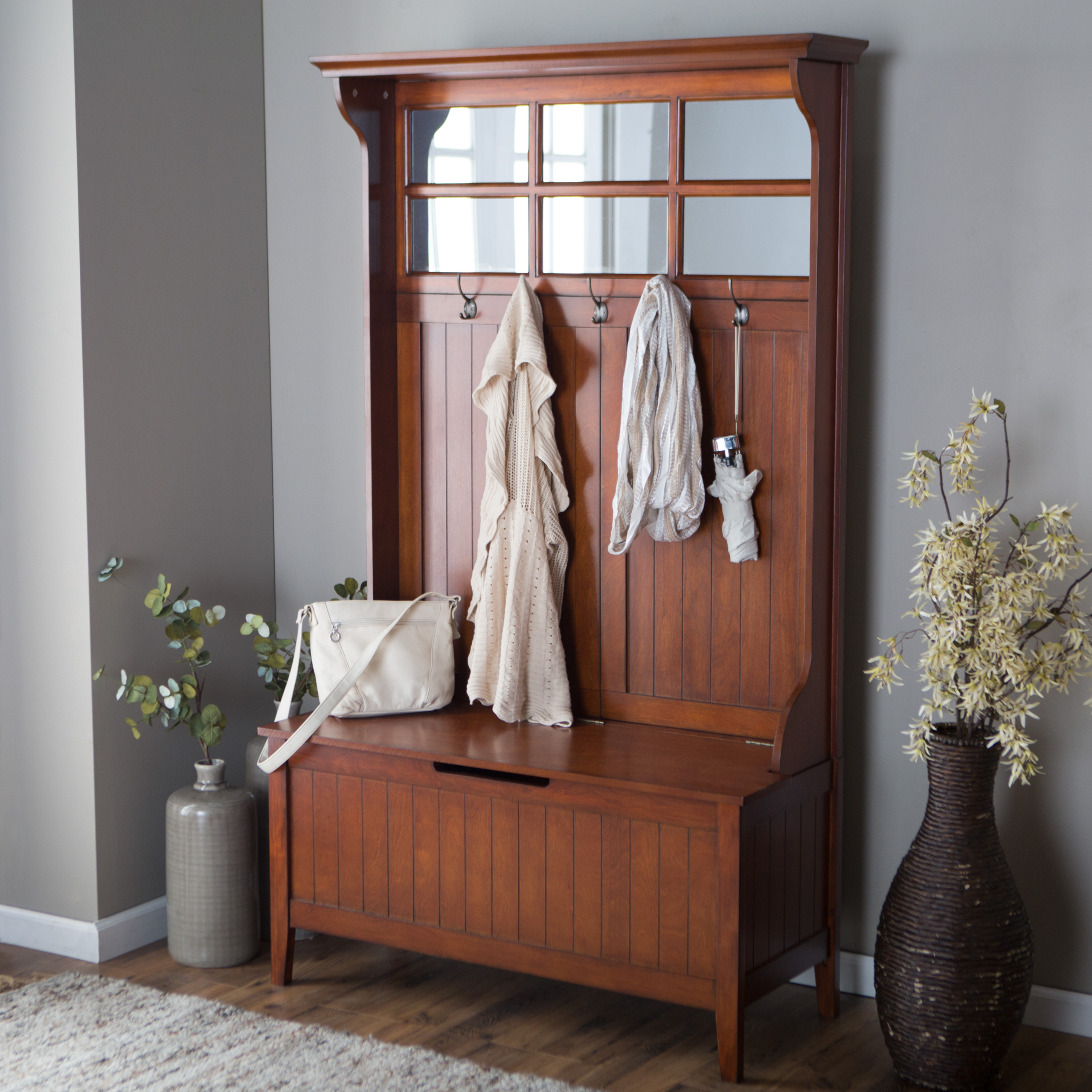 Cherry Entryway Hall Tree with Mirror Coat Hooks and Storage Bench