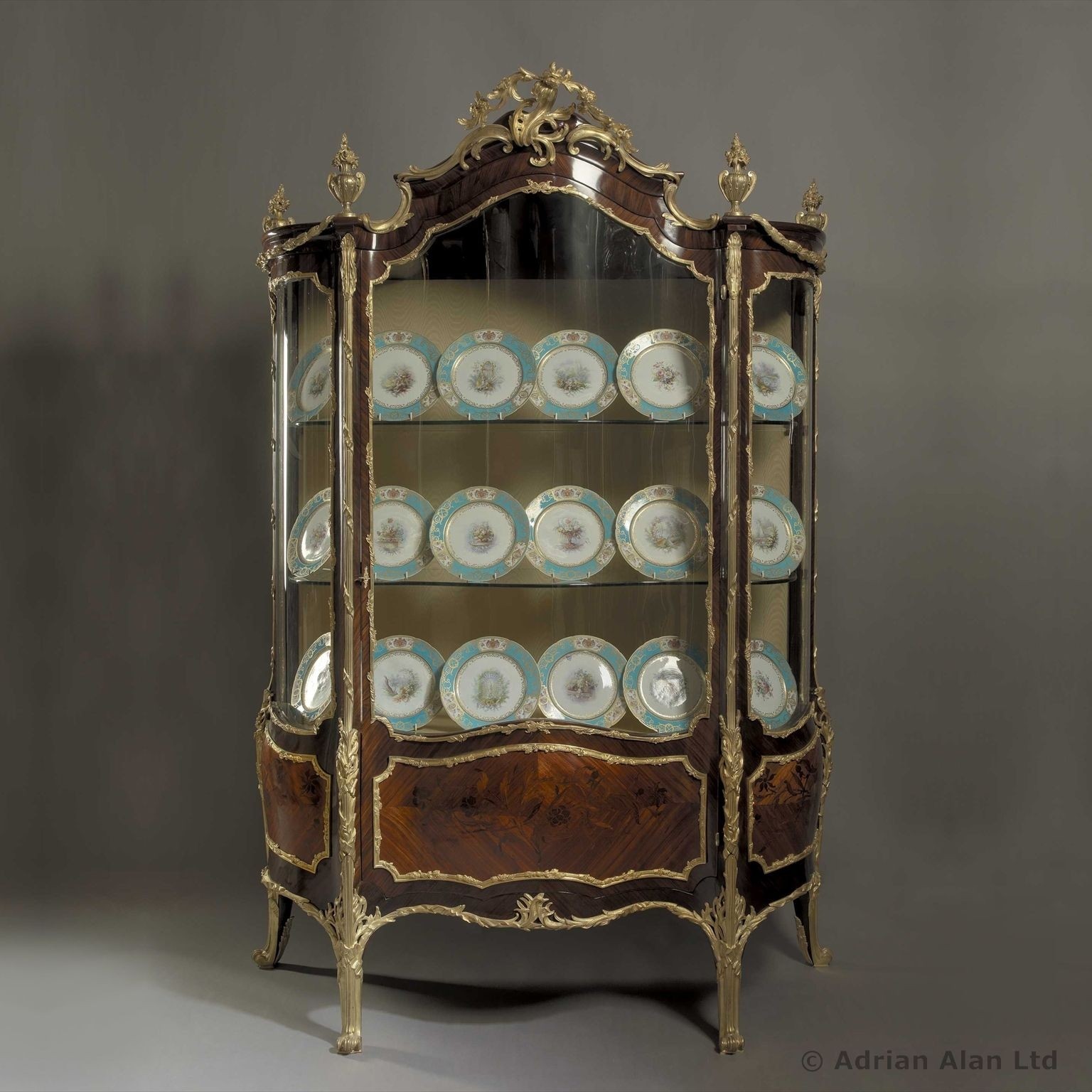 Kingwood marquetry and gilt bronze louis xv style display cabinet