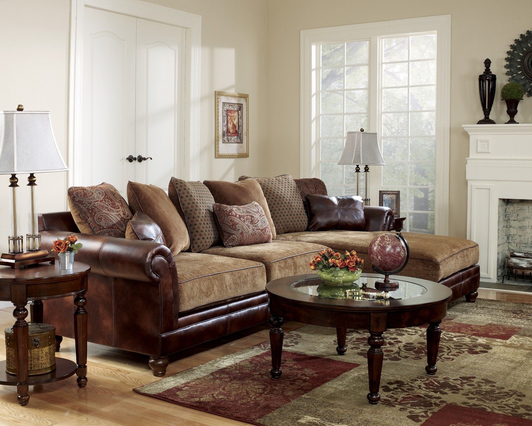 Sanders Old World Faux Leather Chenille Sofa Couch Sectional Set Living Room
