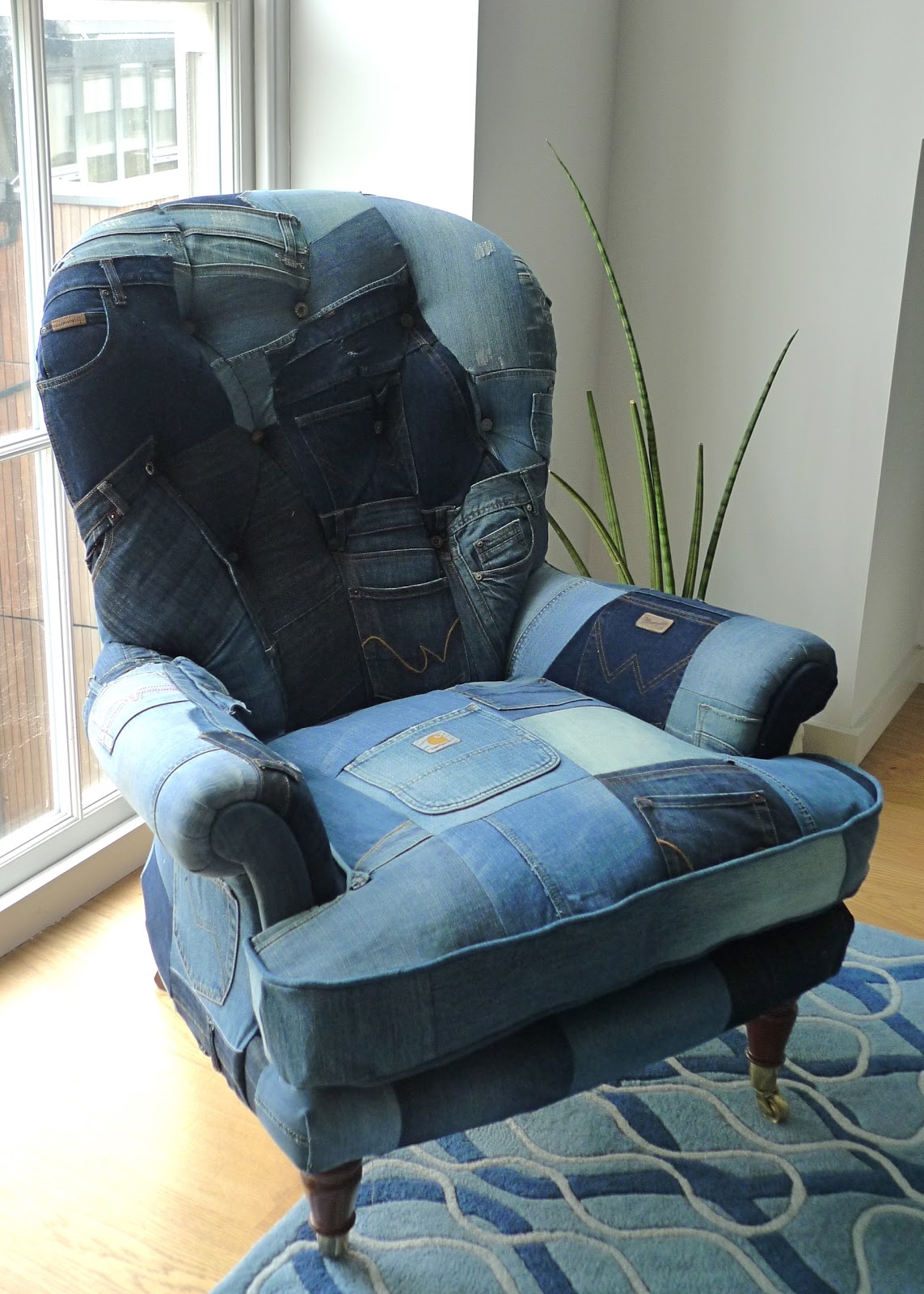 Denim Patchwork Upholstered Armchair with Vintage Charm