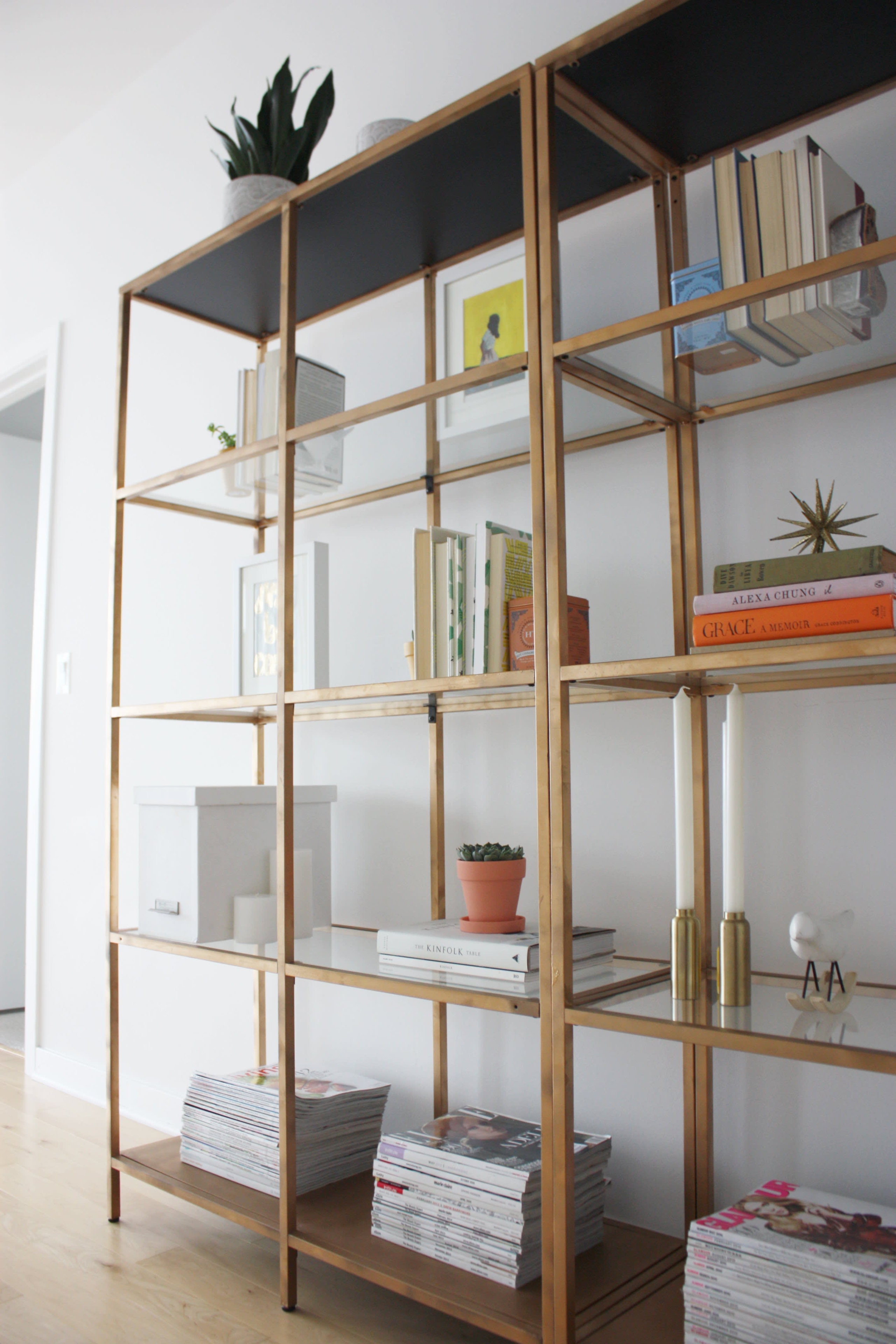 Glass shelving units living room