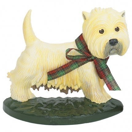 Westie Dog Door Stop Sculpture Figure with Bow, Painted Cast Iron, 10-inch, Flat Back
