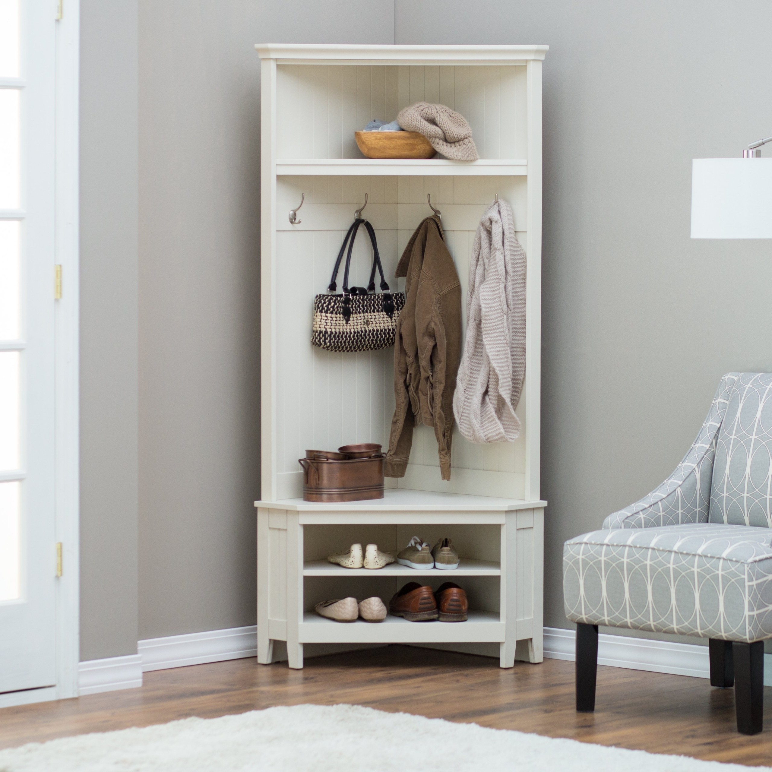 White Entryway Corner Hall Tree Coat Rack Indoor Home Furniture Decor Shoe Bench