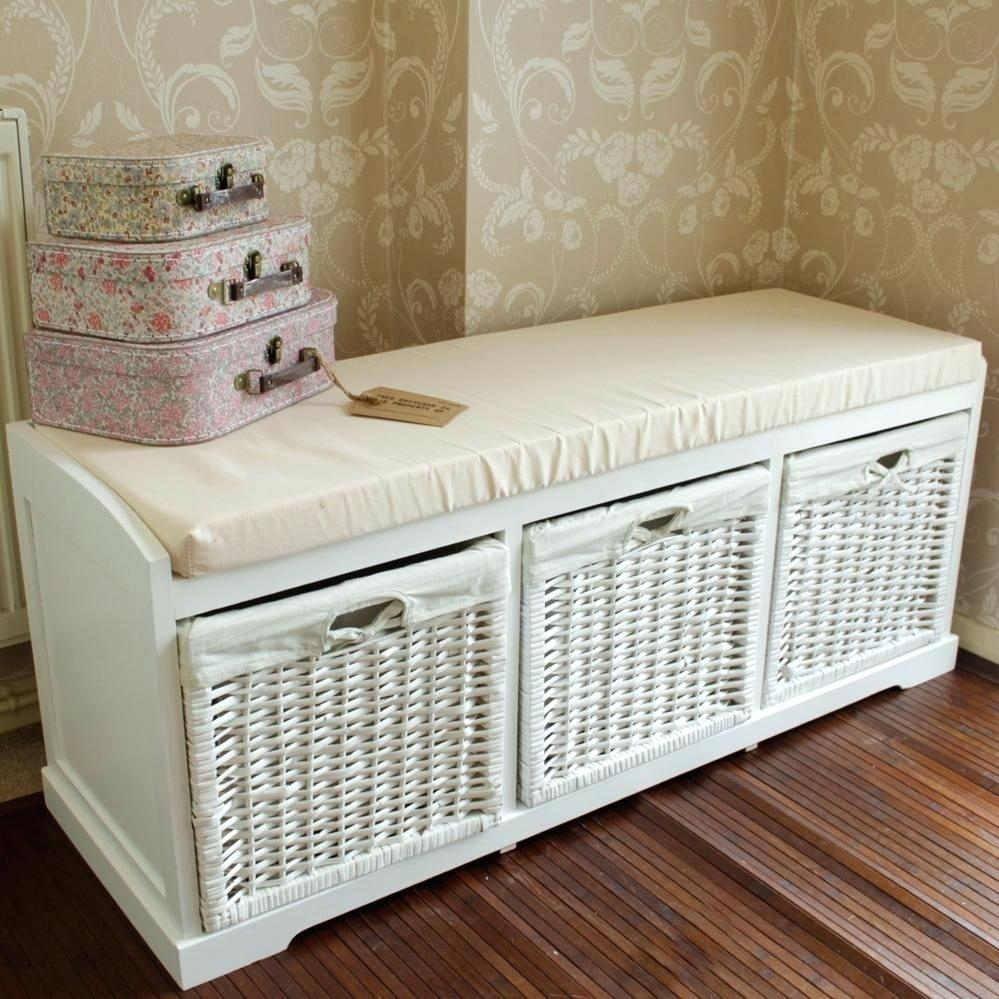 White wicker storage bench