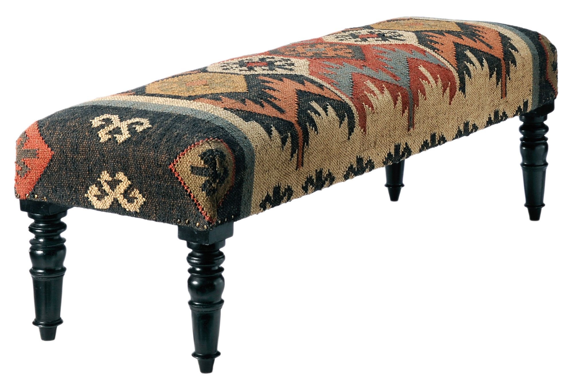Rustic Kilim Upholstered Bench with Turned Legs