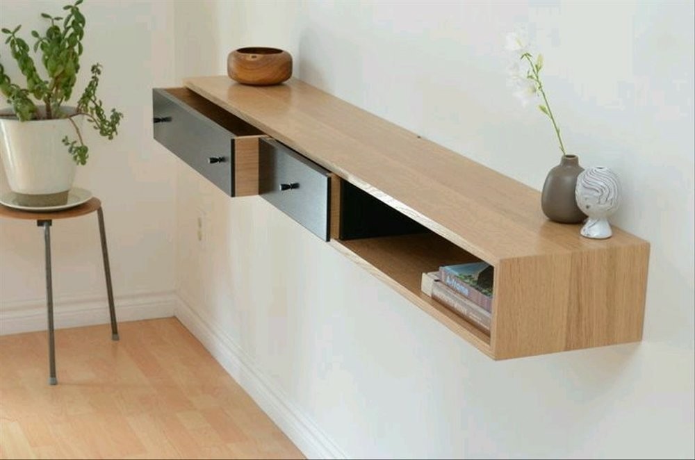 Floating console table white oak shelf