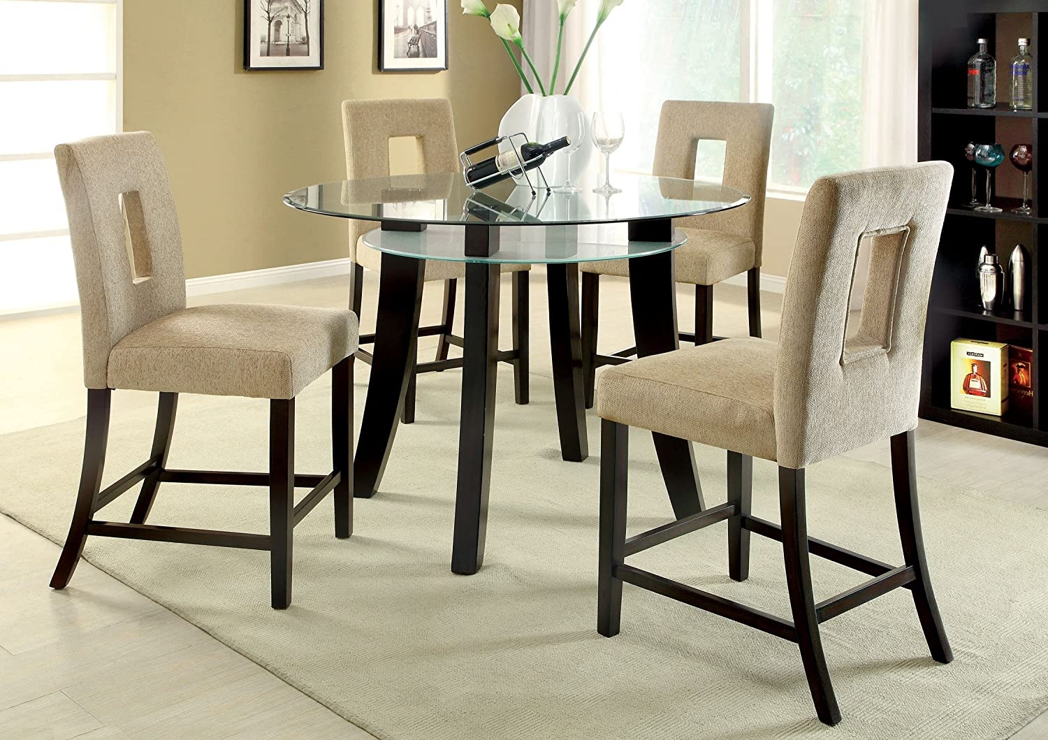 Furniture of America Valleri Round Counter Height Table with 8mm Beveled Tempered Glass Top, Espresso Finish