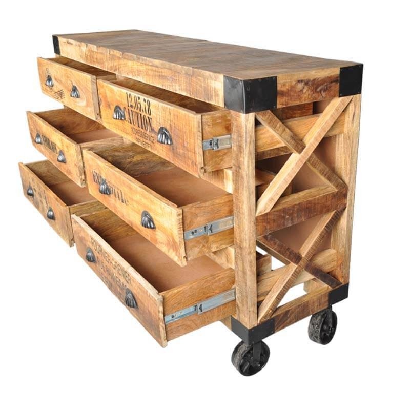 Industrial Rustic Hardwood 6 Drawer Bedroom Jewelry Vanity Dresser Cart On Wheel
