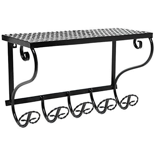 MyGift Black Metal Wall Mounted 5 Hook Entry Way Coat Hanger / Utility Organizer / Bathroom Towel Shelve