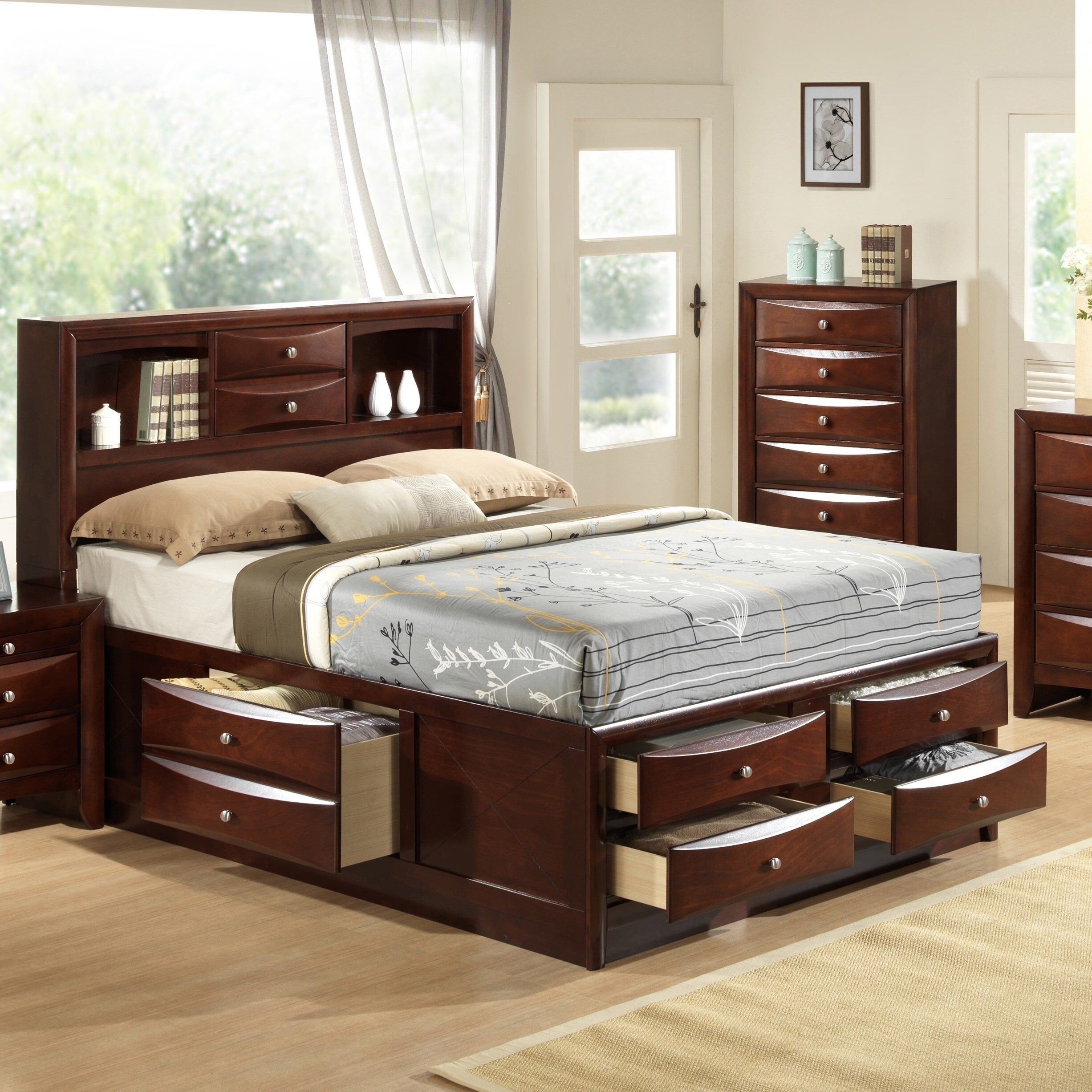 Emily Collection Bookcase Headboard Queen Or King Captains Bed With 6 Drawers