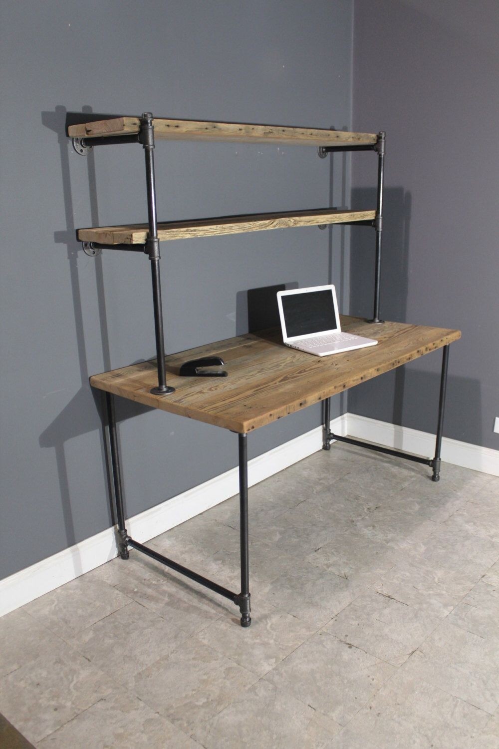 Raw reclaimed computer desk w 2 shelving