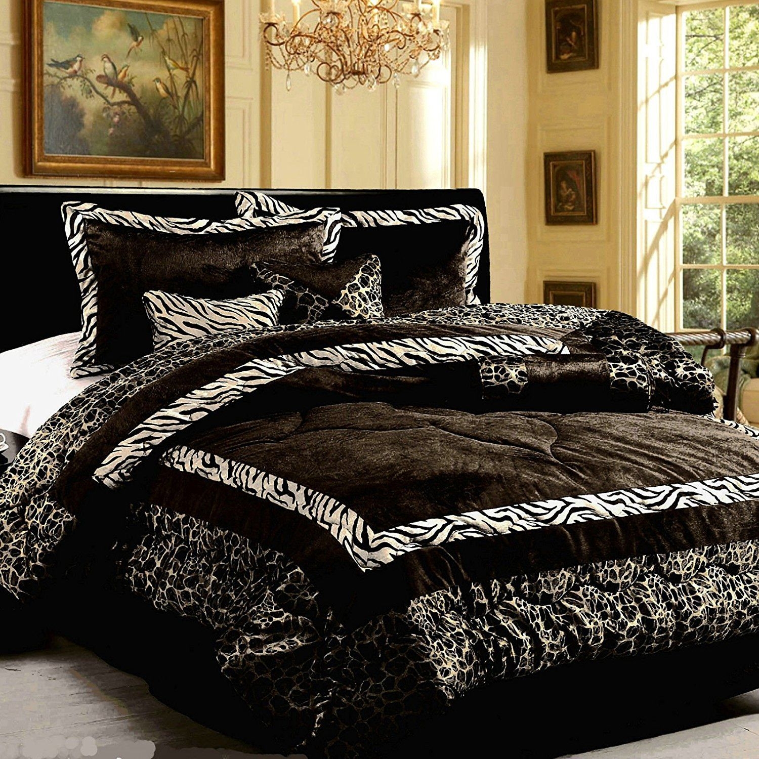 15PC Luxury Faux Fur Safarina Black & White Zebra Animal King Comforter Set with Matching Curtain