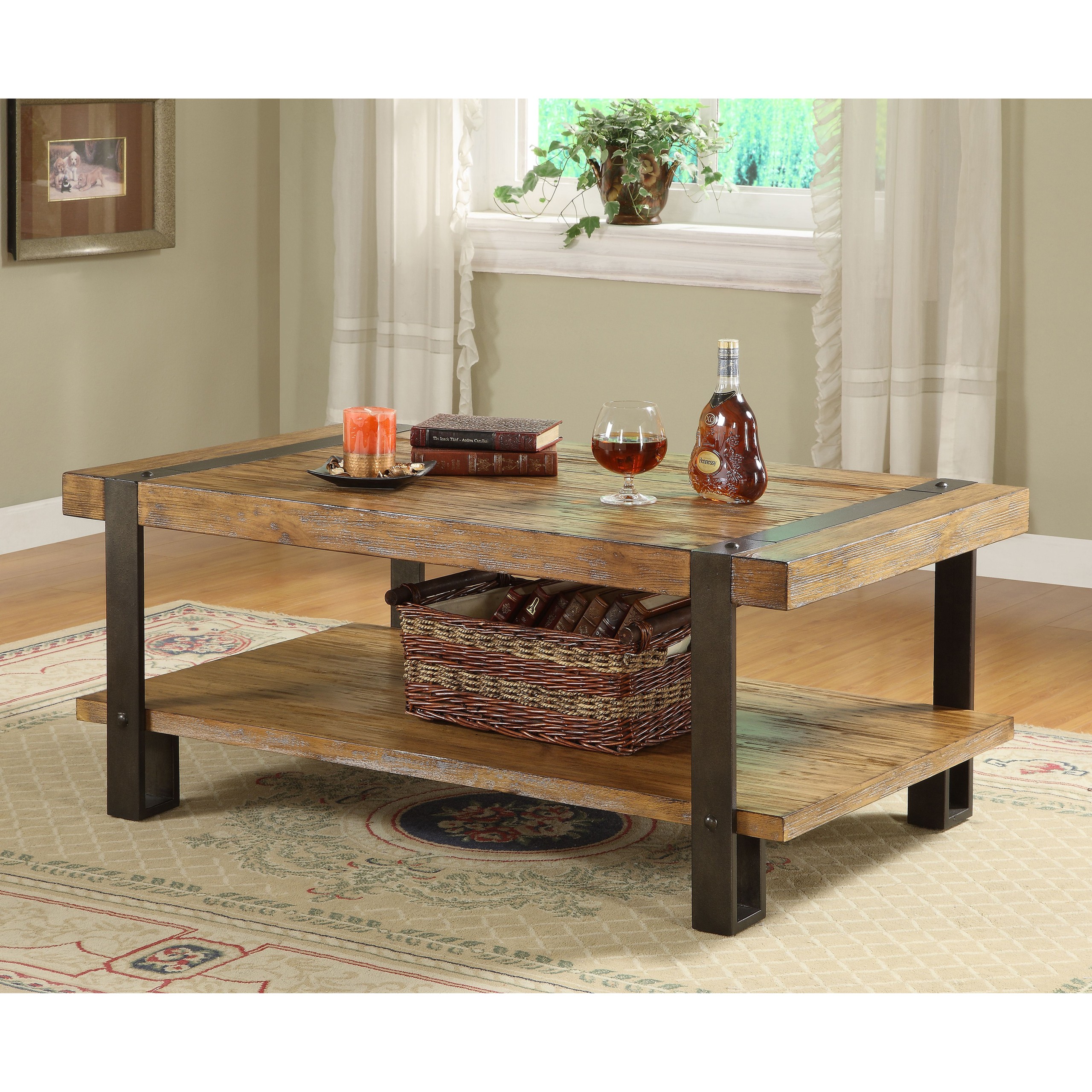 Riverside Furniture Riverside Sierra Rectangle Cocktail Table, Oak, Mindi Veneer and Wood with Metal Legs, 48 inches