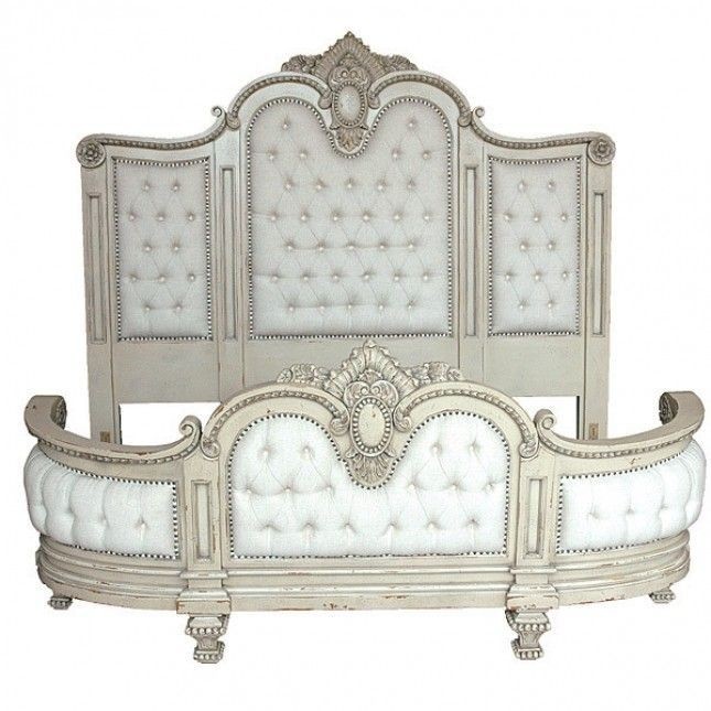 King Size Bed Frame Antique White French Headboard Tufted Linen New Free Ship