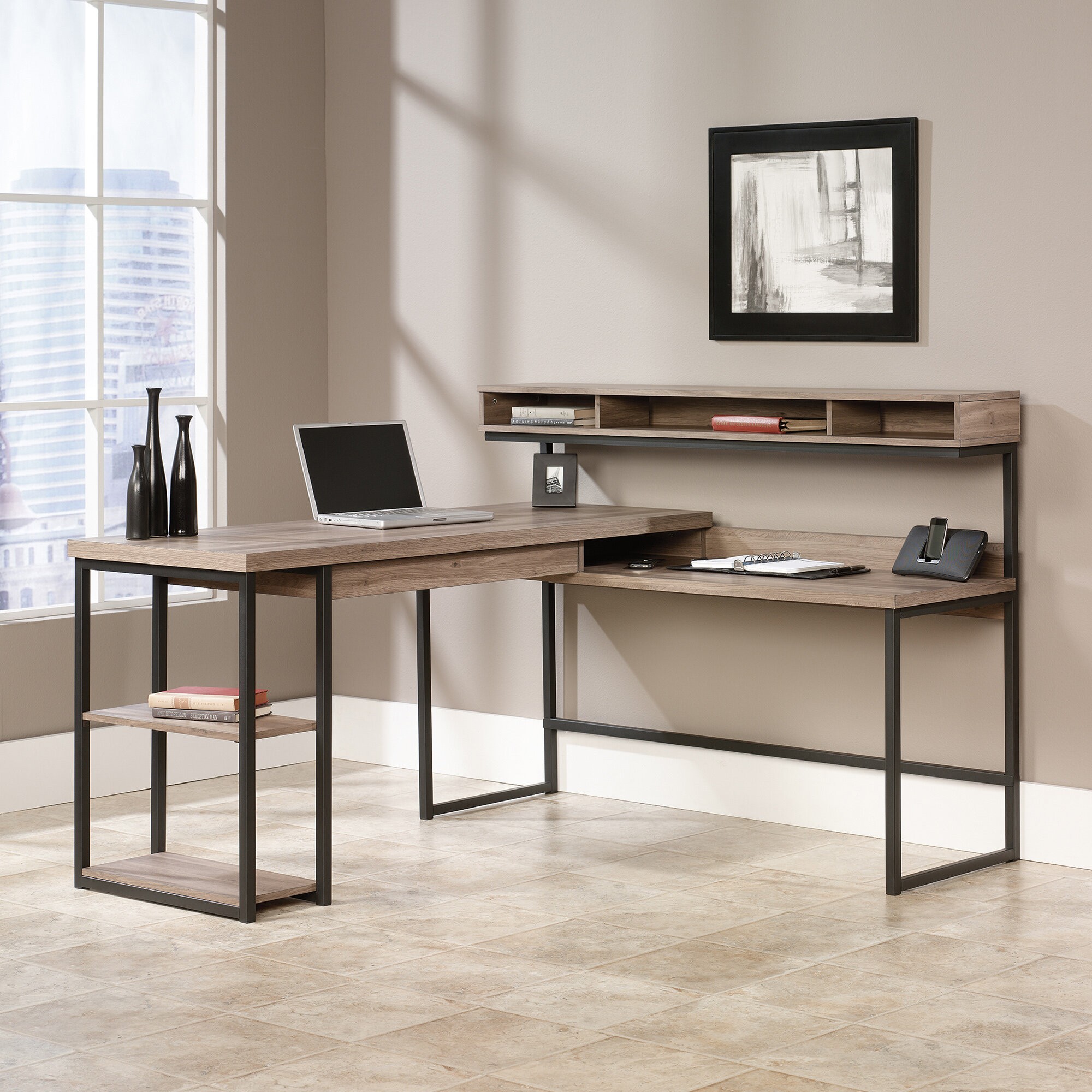 L shape modern rustic desk made of