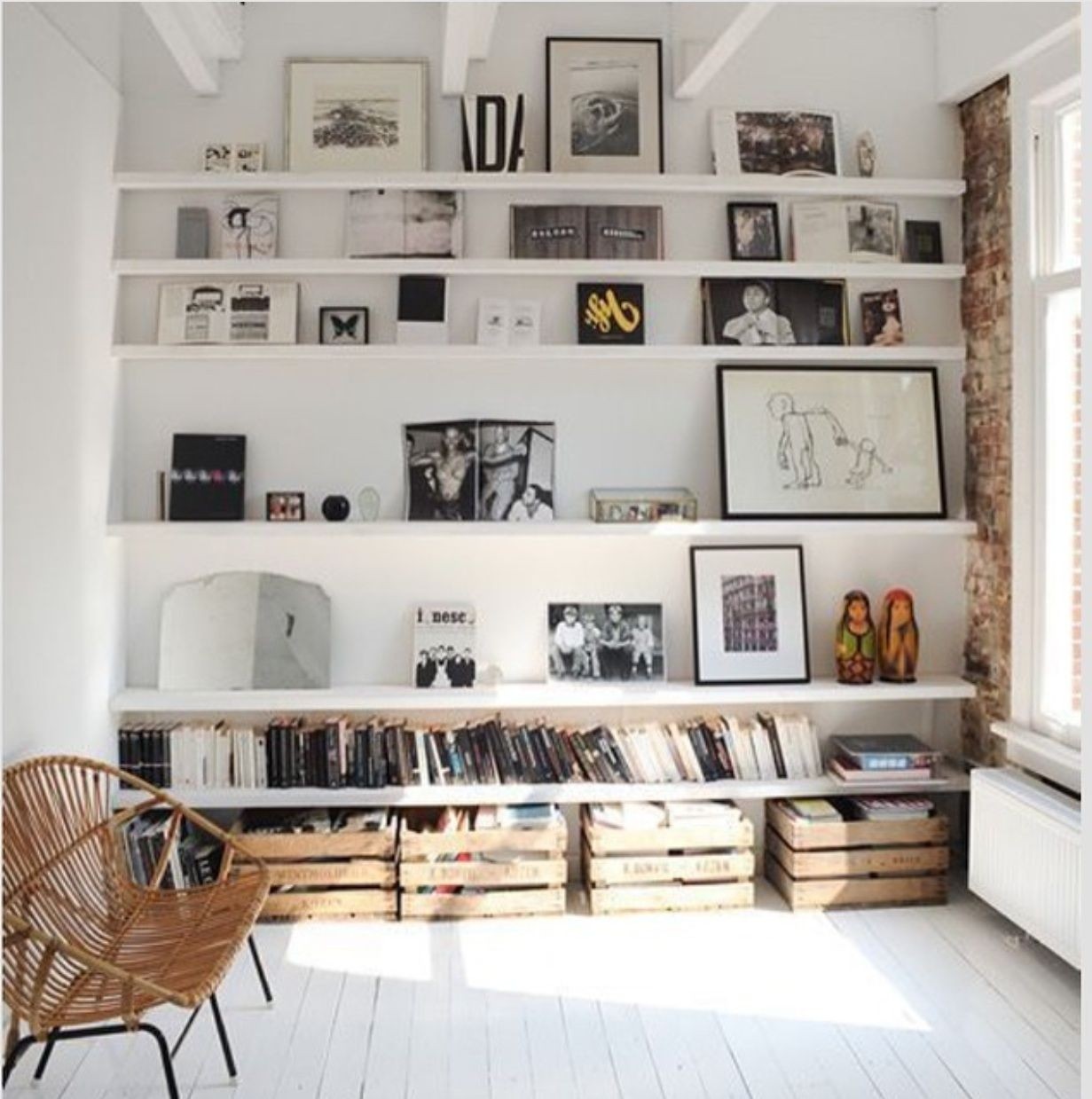 Floating shelves in living room