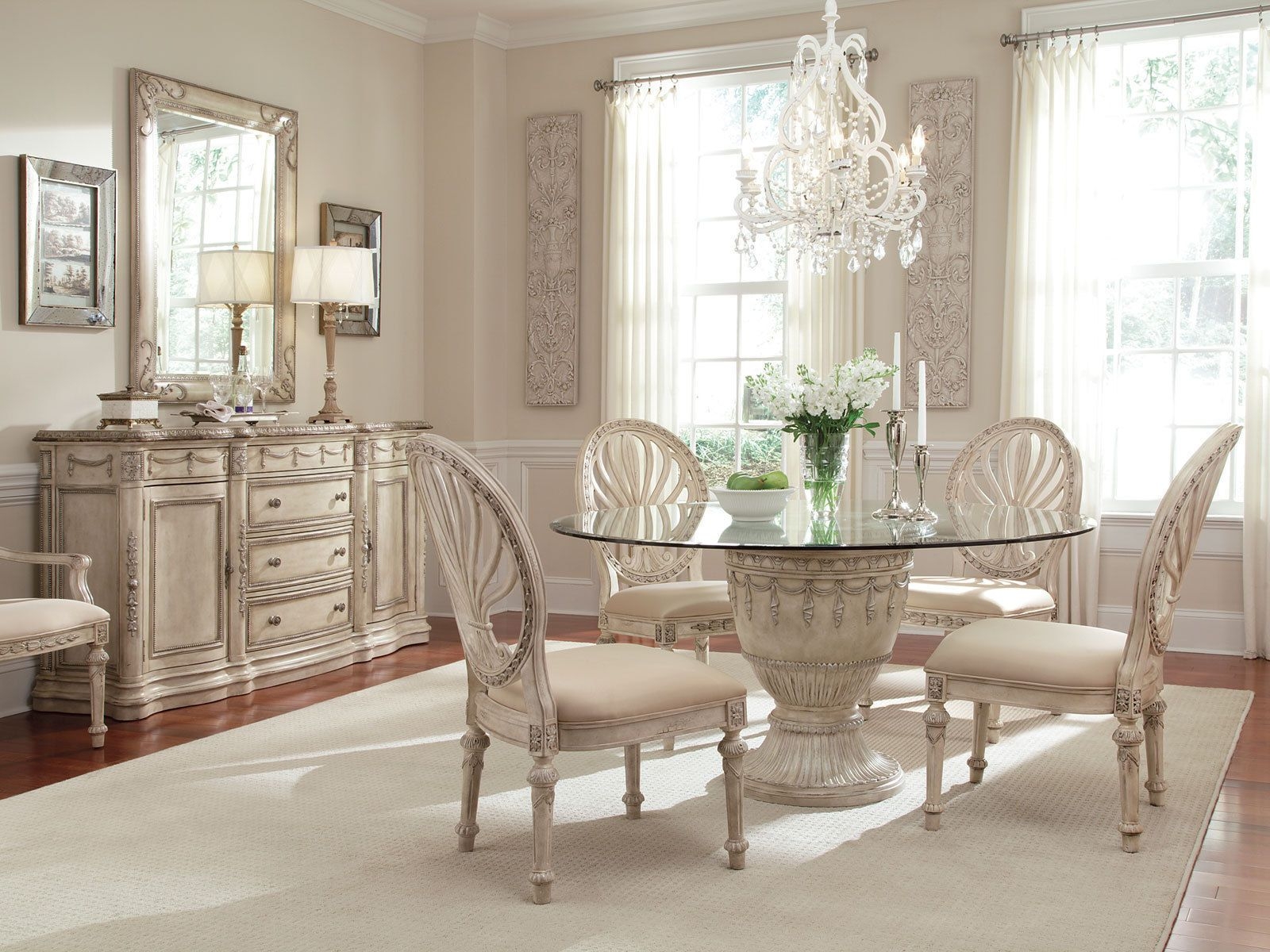 Grande Palace 5pcs Traditional Round Glass Top Dining Room Table Chairs Set